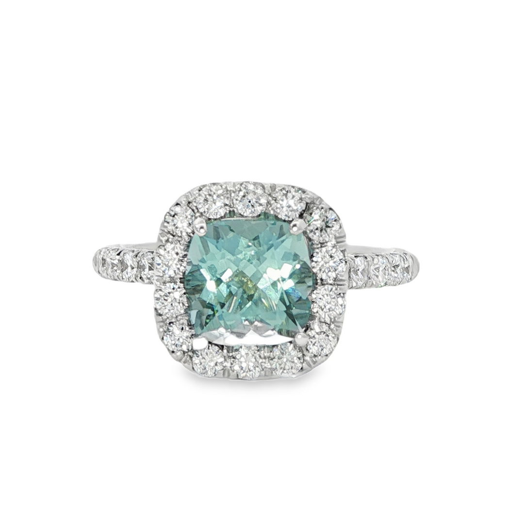 18K White Gold Ring With A Cushion Cut Aquamarine Center Stone And Diamond Halo