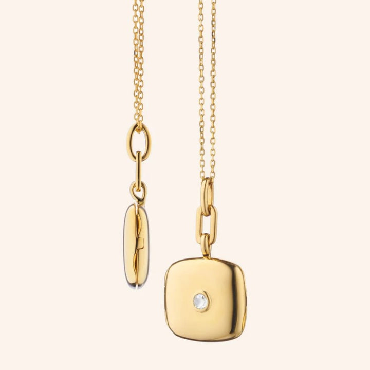 Slim "Viv" Gold Locket Necklace With Diamond