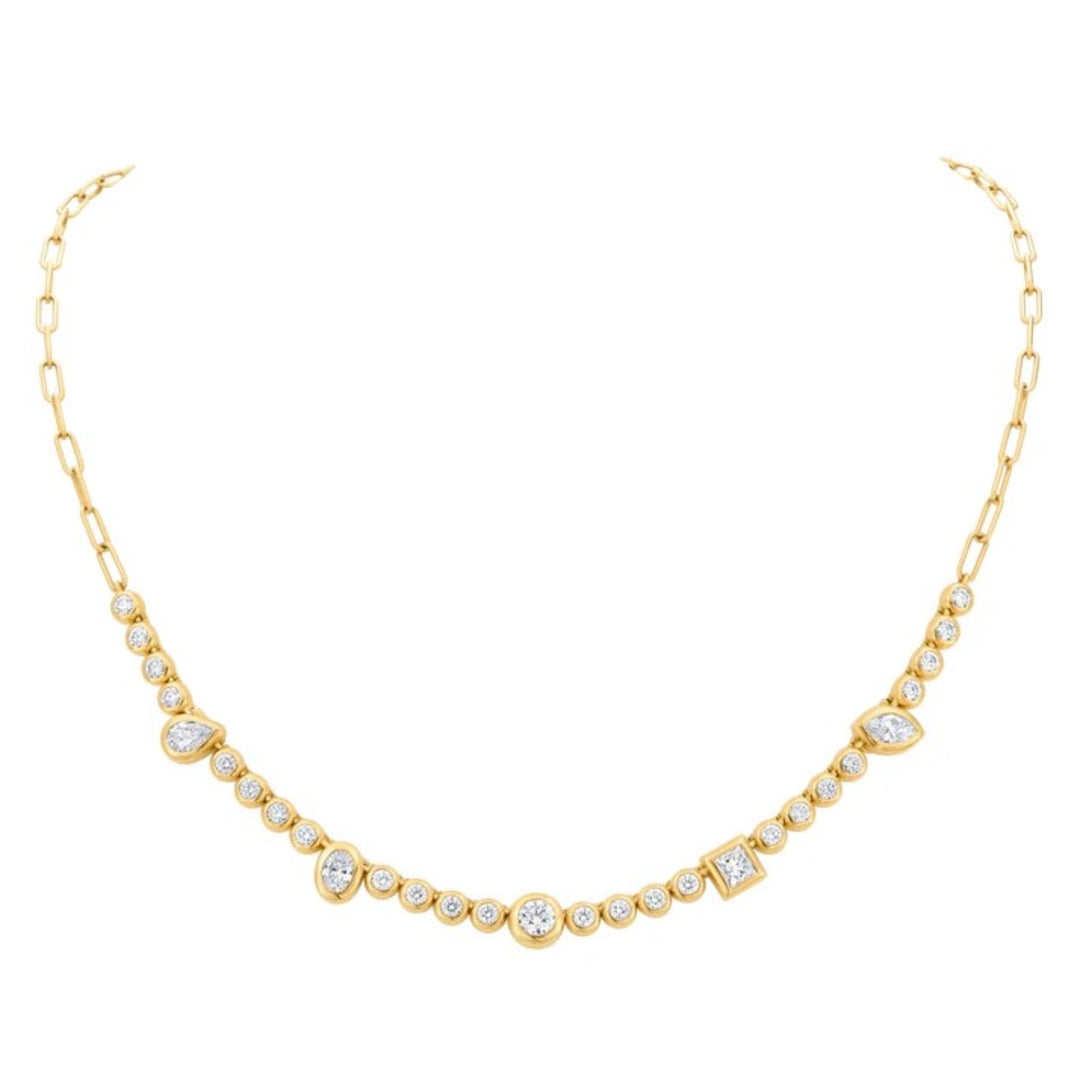 18K Yellow Gold Bezel Set Diamond Necklace With Pear, Oval, Princess Cut And Marquise Diamonds - 16"