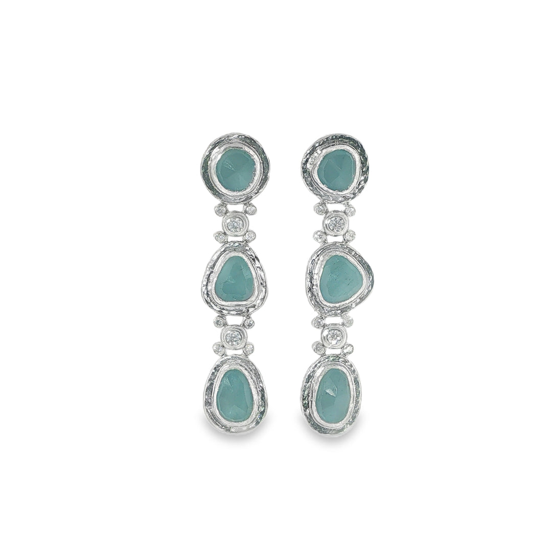 One Of A Kind Silver Double Drop Earrings With Amorphous Rose Cut Aquamarines