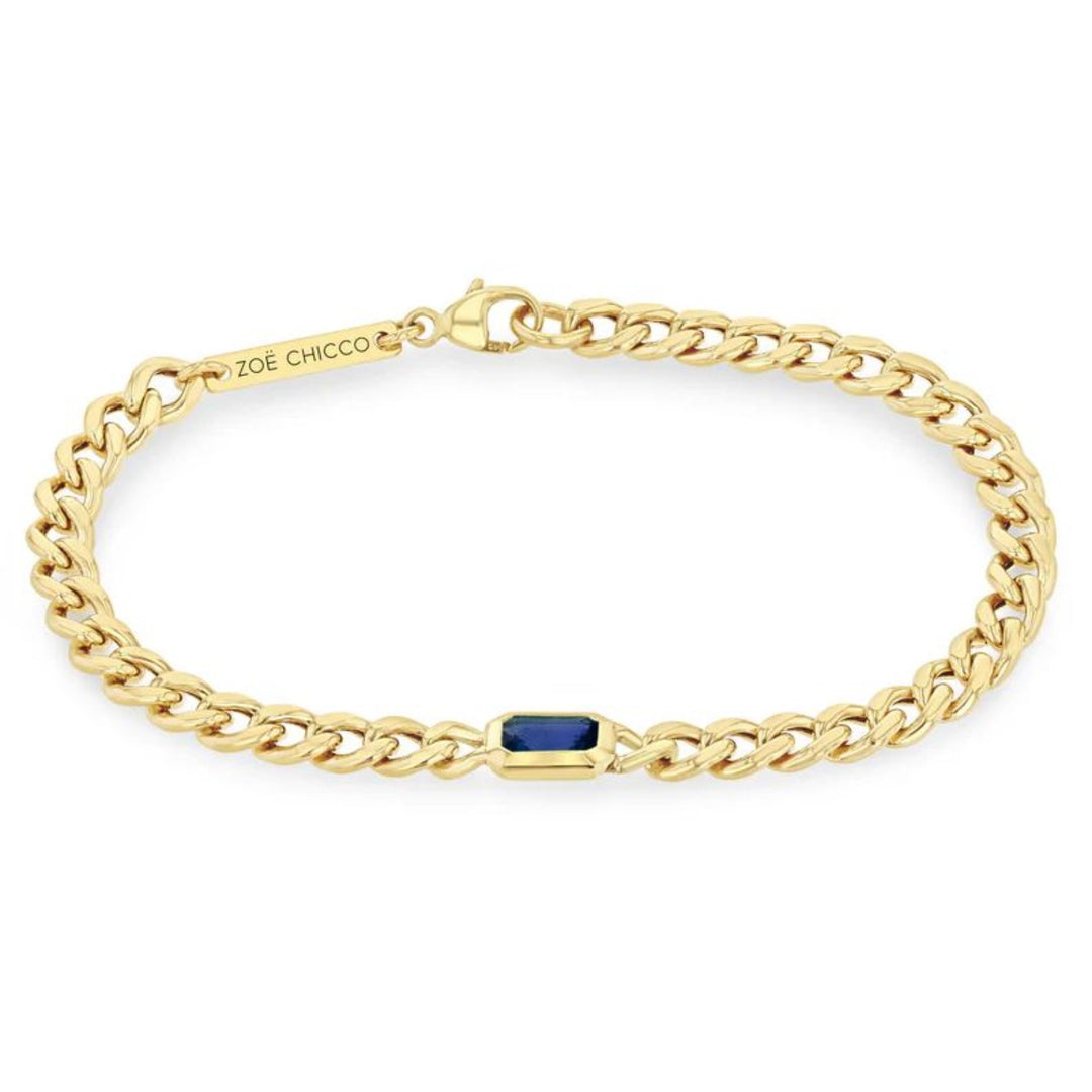 14K Curb Chain Blue Sapphire Bracelet. 6.5"