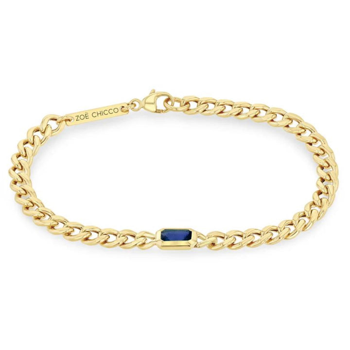 14K Curb Chain Blue Sapphire Bracelet. 6.5"