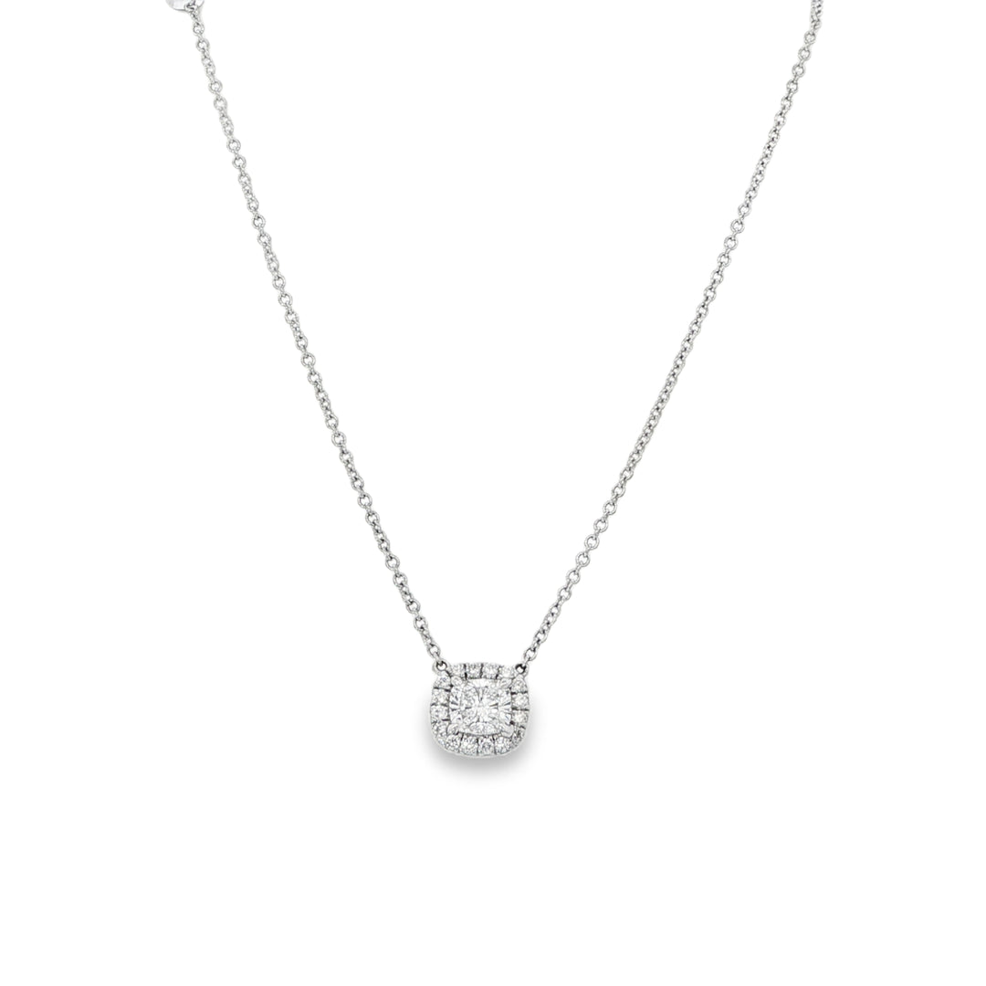 White Gold 0.5ct Cushion Cut Diamond Pendant With Diamond Halo