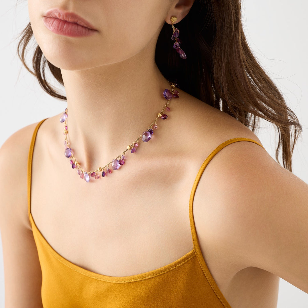 18K Yellow Gold Short Necklace with Amethyst and Pink Tourmaline