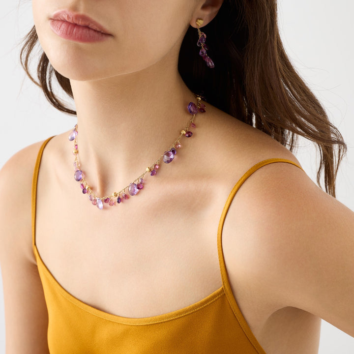 18K Yellow Gold Short Necklace with Amethyst and Pink Tourmaline