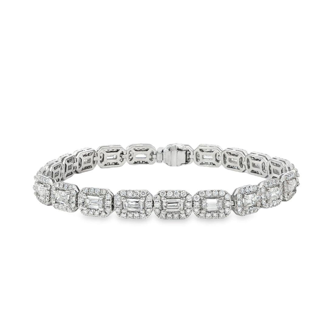 14K White Gold Bracelet With Emerald Cut Diamonds Surrounded By Diamond Halos