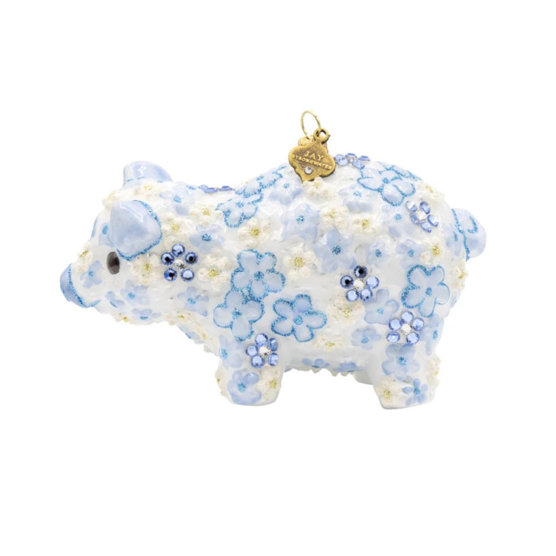 Blue Floral Piggy Glass Ornament
