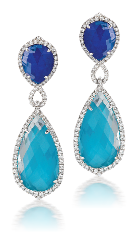 Doves 18KT White Gold Lapis and Turquoise Doublet Earrings with White Topaz Overlays and White Diamonds
