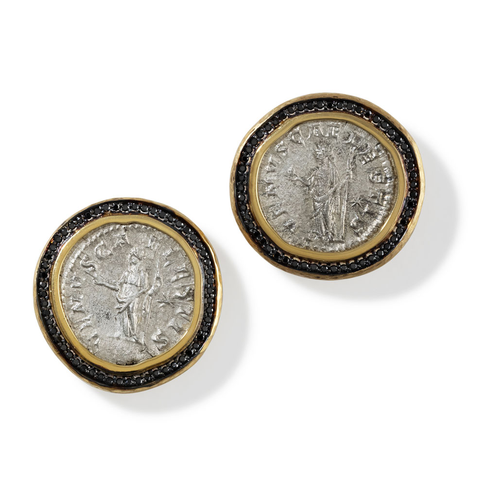 Ancient Venus Coin Earrings with Black Diamonds