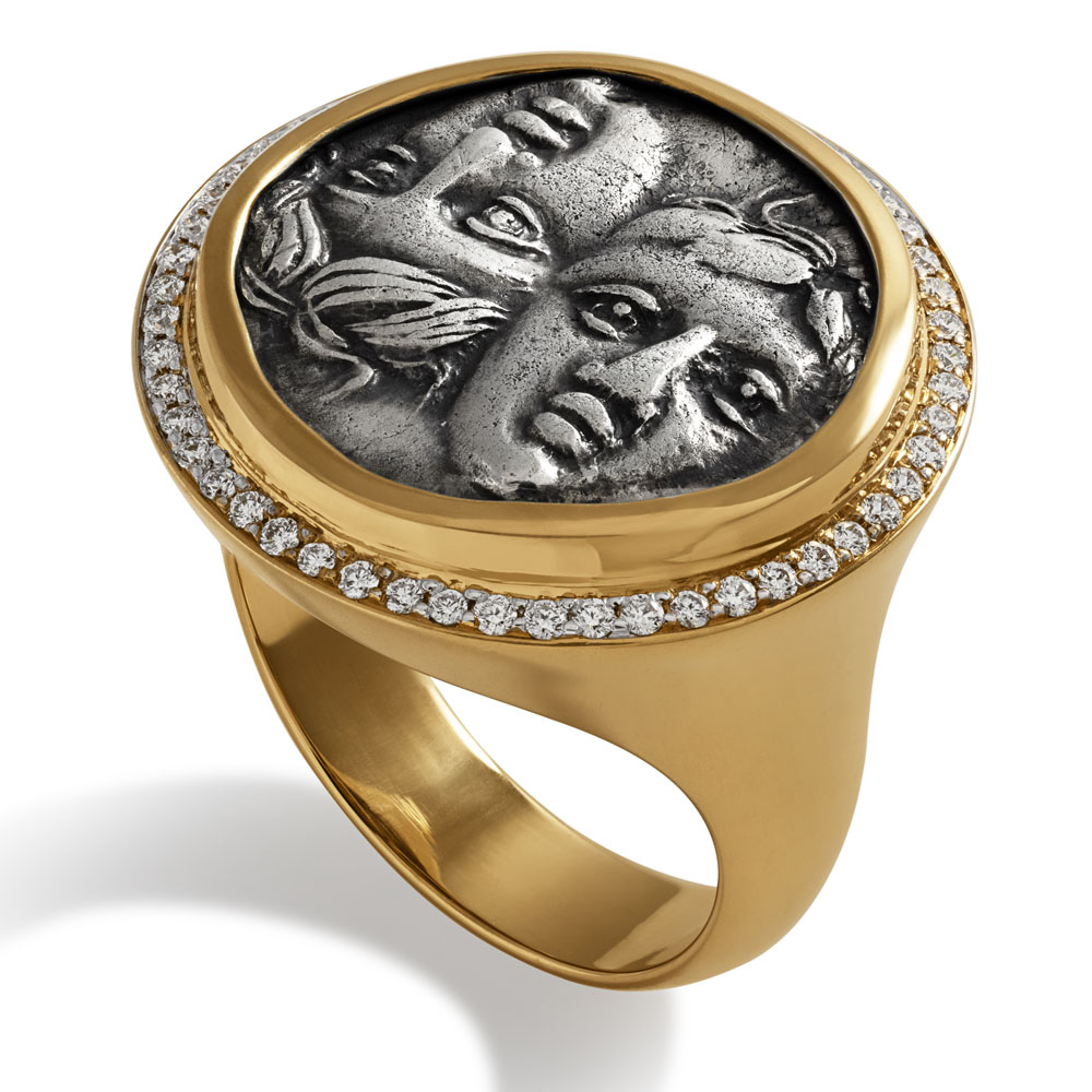 Ancient Gemini Coin Ring with Diamonds