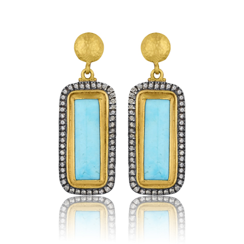 Lika Behar 24KT Gold and Oxidized Sterling Silver Rectangular Cushion Cabochon Kingman Turquoise "My World" Earrings with Cognac Diamonds, 0.39cts with 18KT Gold Posts