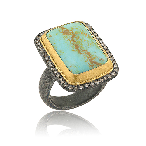 ika Behar 24KT Gold and Oxidized Sterling Silver Smaller Rectangular Cabochon Kingman Turquoise "My World" Ring with Champagne Diamonds, 0.32cts