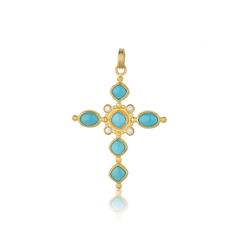 Lika Behar 22KT Gold Oval Cabochon and Cushion Cut Sleeping Beauty Turquoise Hammered "Sloane" Cross Necklace with Diamonds, 0.06cts