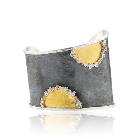 Lika Behar 24KT Gold and Oxidized Sterling Silver Hammered Waveup Asymmetric Cuff with 24KT Polka Dots and Diamonds, 0.46cts