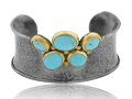 Lika Behar 24KT Gold and Oxidized Sterling Silver "Kirsten" Cuff Bracelet with Round and Oval Cabochon Kingman Turquoise Slices and Cognac Diamonds, (0.19cts)