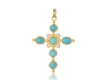 Lika Behar 22KT Gold Oval Cabochon and Cushion Cut Sleeping Beauty Turquoise Hammered "Sloane" Cross Necklace with Diamonds, 0.06cts