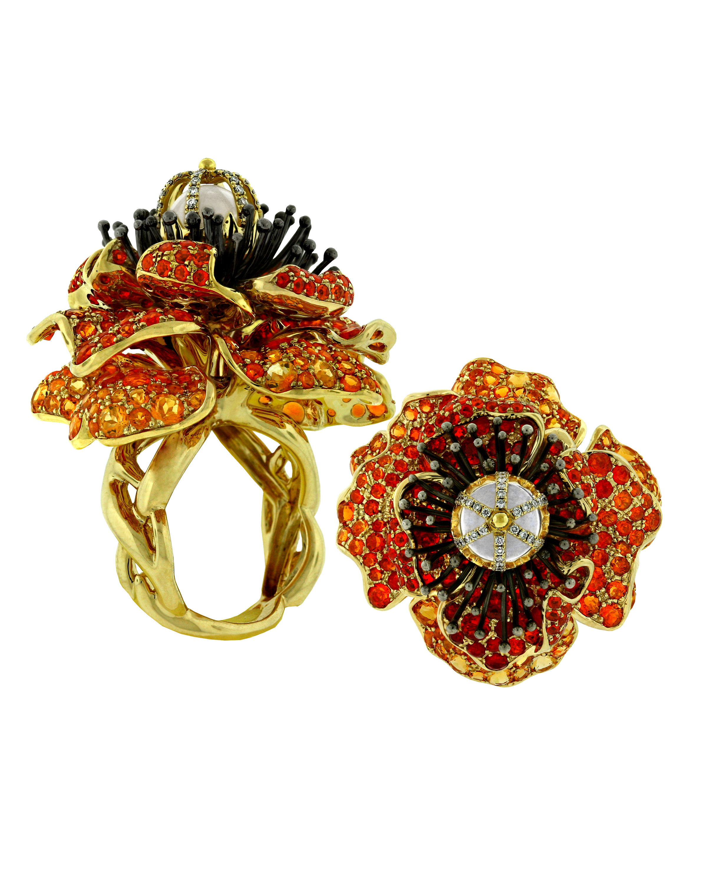 Paula Crevoshay "Poppy Ring" featuring Moonstone, Diamonds and  Fire Opals. This poppy ring is a symbol of sleep, dreams and peace. Crevoshay's anatomically correct expression mirrors the opulence found in nature.