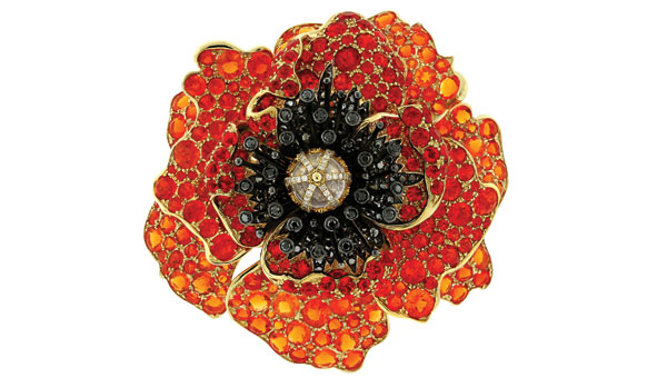 Paula Crevoshay Poppy Brooch Pendant with Opal, Black Diamond, and Moonstone. Featured in Crevoshay's Garden of Light exhibition at the Carnegie Musuem